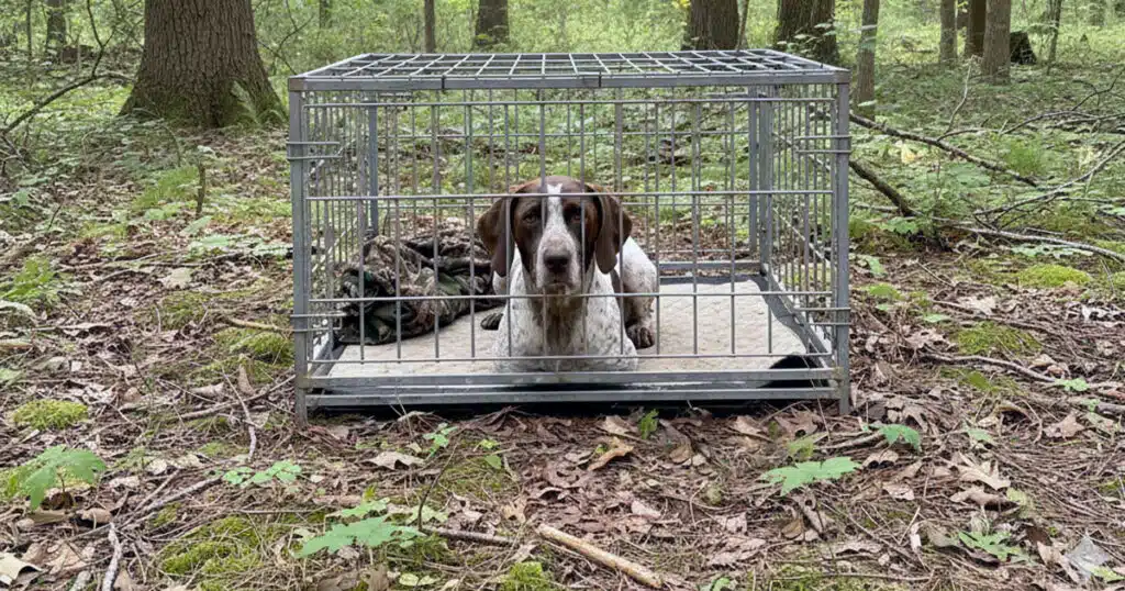 cane trovato chiuso in gabbia nella boscaglia